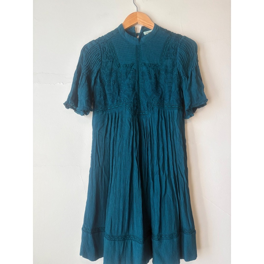Meadow Rue Anthropologie Calistoga Tunic Dress Teal Blue Embroidered Boho Mini - Picture 4 of 10